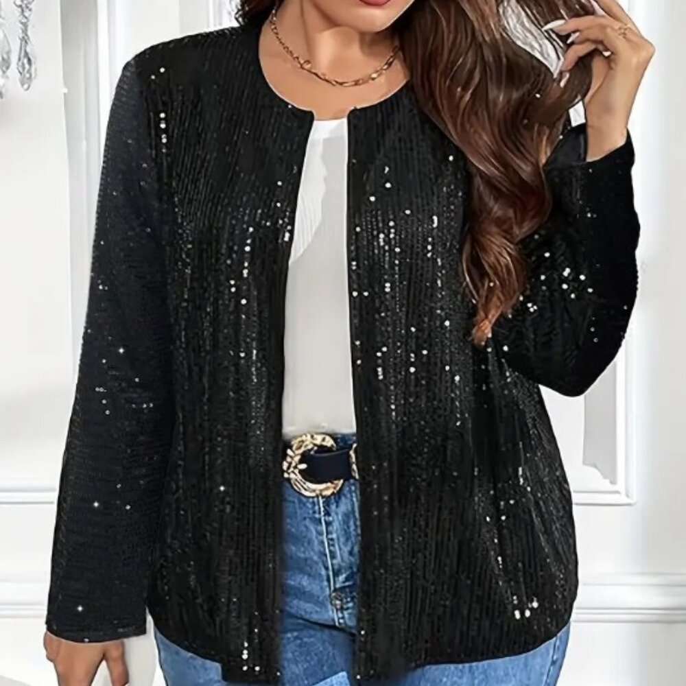Plus Size Solid Contrast Sequin Coat, Elegant Long Sleeve Open Front Jacket